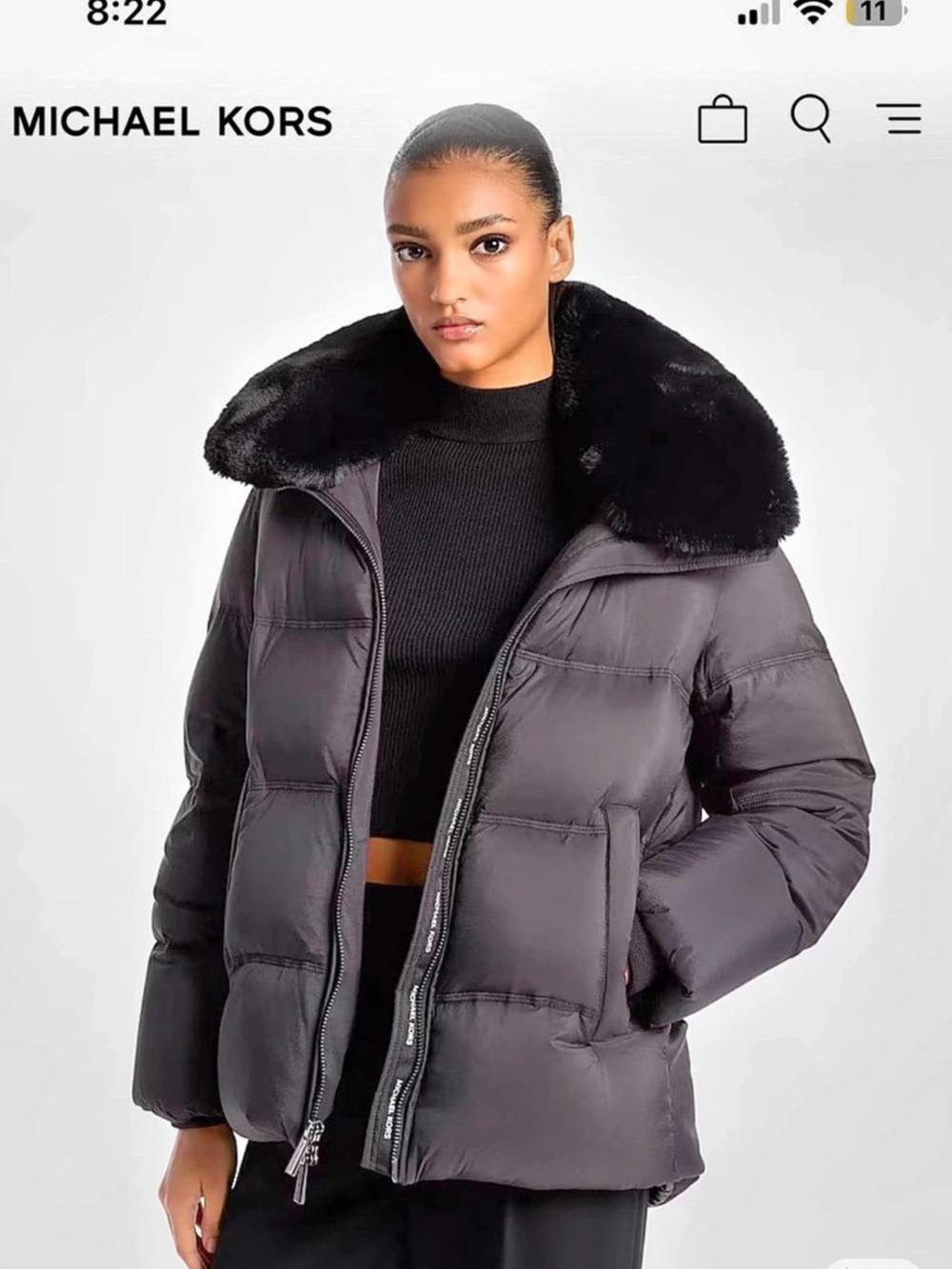 Michael Kors Quilted Puffer Jacket With Faux Fur Collar Black